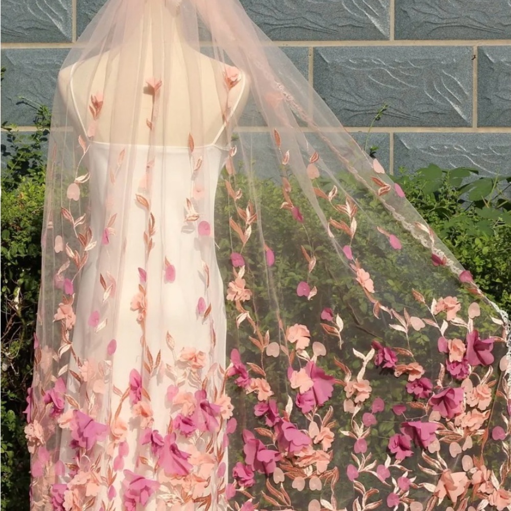 3D Floral Embroidered Cape Veil with Pink and Purple Accents